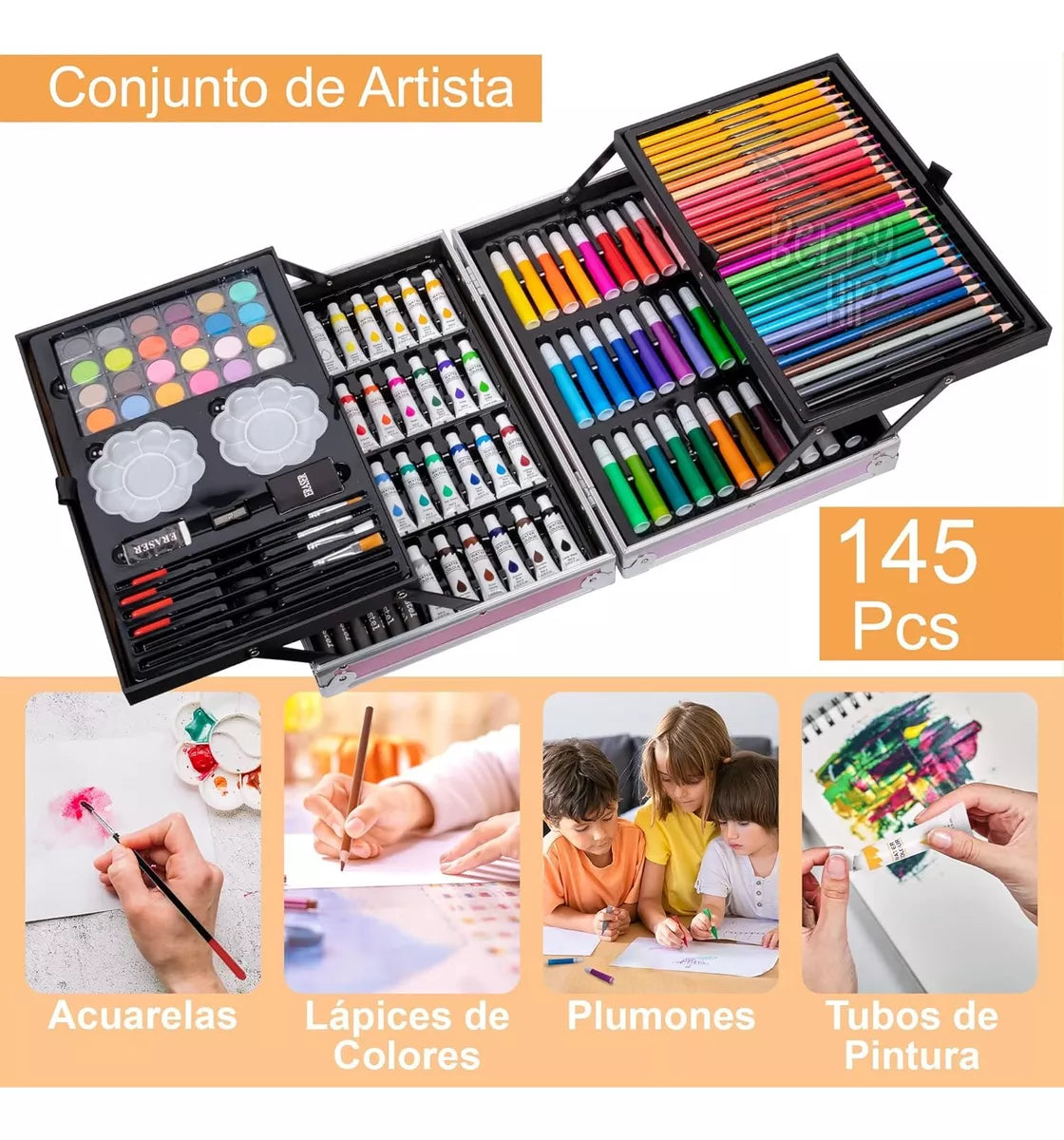 🎨 Set de Arte de 145 Piezas con Maleta Metálica